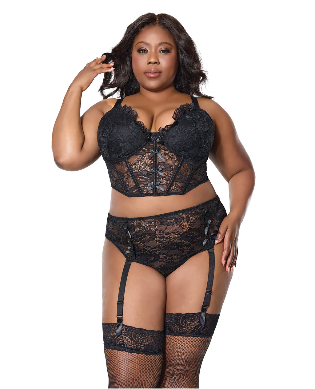 Lace Bustier w/Padded Cups & Gartered Thong Panty 2 pc Set - Black 1X/2X