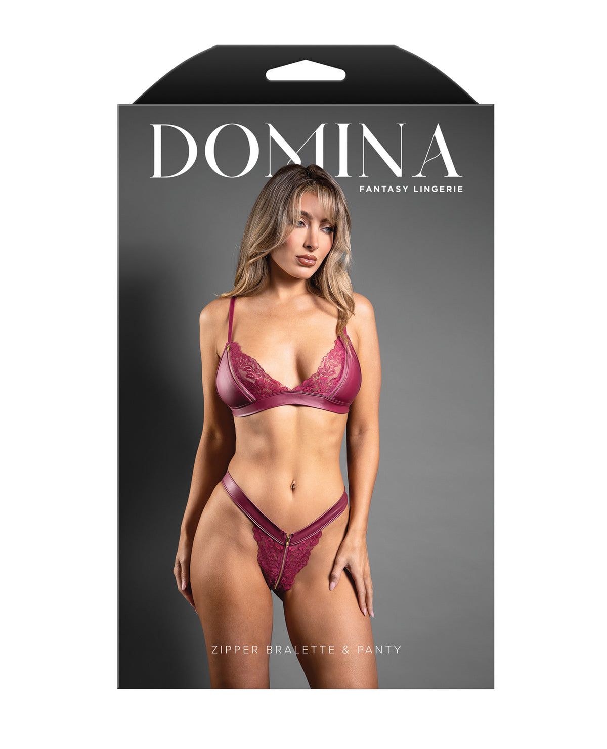 Domina Lace Bralette & Panty in Leatherette w/Zipper Detail - Berry S/M