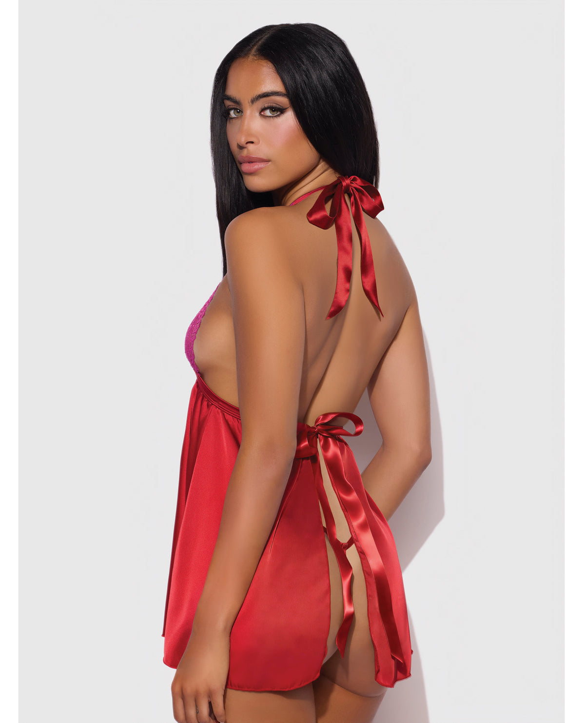 Jocelyn Lace & Satin Halter Mini Babydoll Dress w/Thong - Raspberry 1X/2X