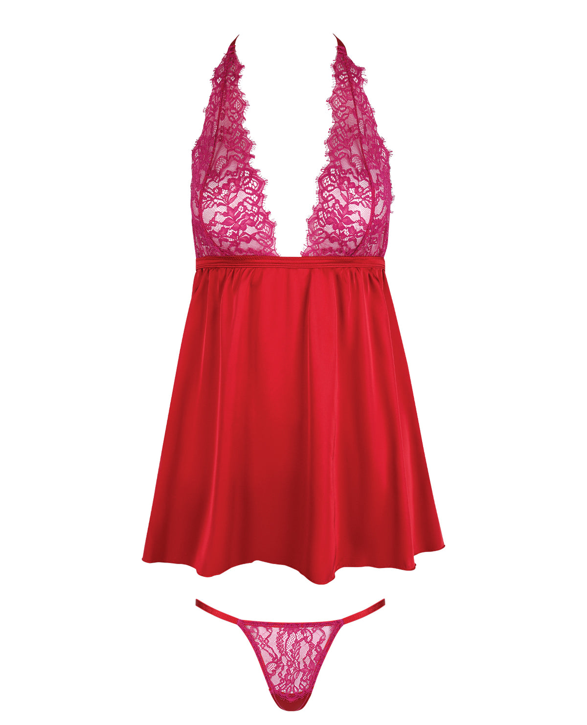 Jocelyn Lace & Satin Halter Mini Babydoll Dress w/Thong - Raspberry 1X/2X