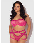 Yvone Lace Bra w/Removable Straps, Garter & Tanga Panty 3 pc Set - Pink 1X/2X