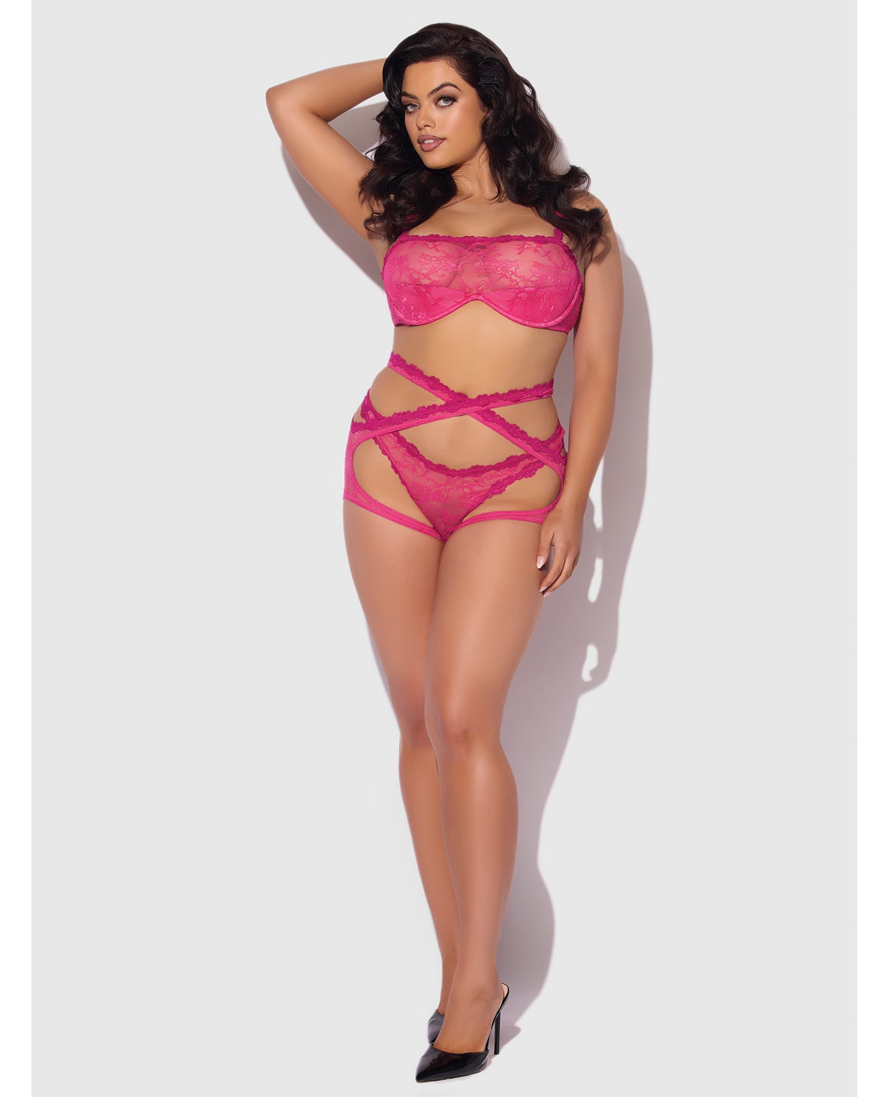 Yvone Lace Bra w/Removable Straps, Garter & Tanga Panty 3 pc Set - Pink 1X/2X