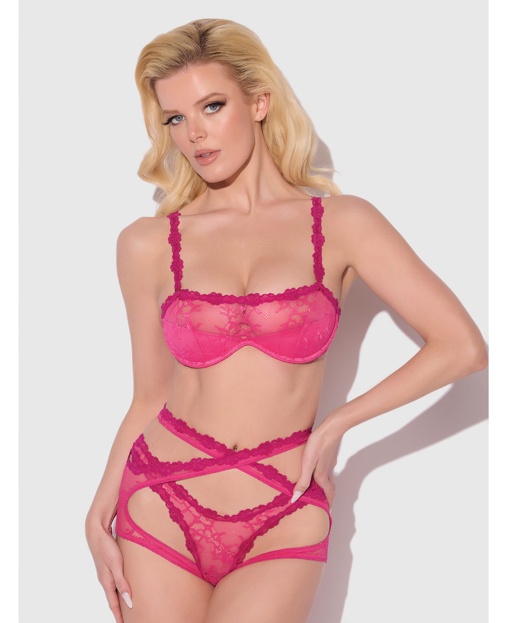 Yvone Lace Bra w/Removable Straps, Garter & Tanga Panty 3 pc Set - Pink SM