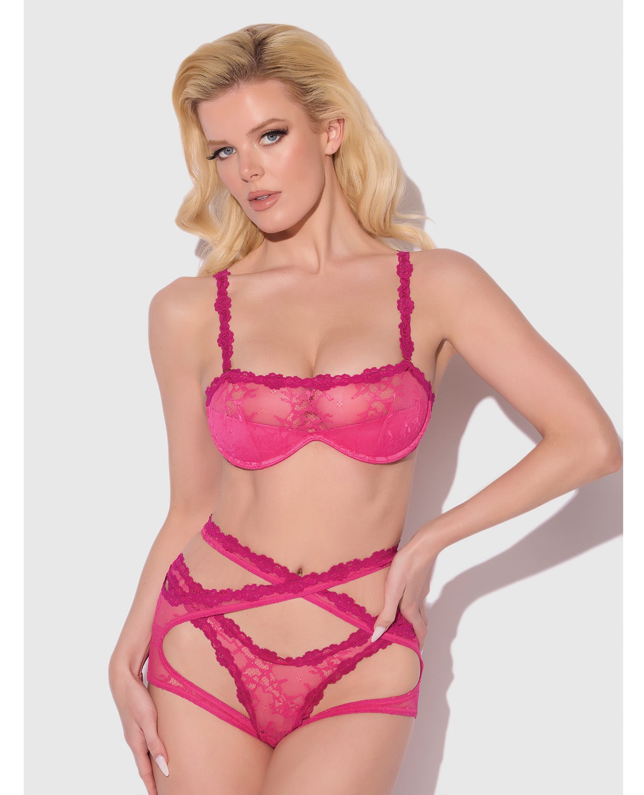 Yvone Lace Bra w/Removable Straps, Garter & Tanga Panty 3 pc Set - Pink SM