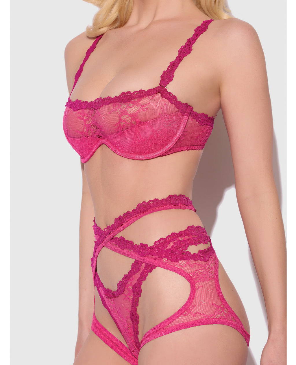 Yvone Lace Bra w/Removable Straps, Garter & Tanga Panty 3 pc Set - Pink SM