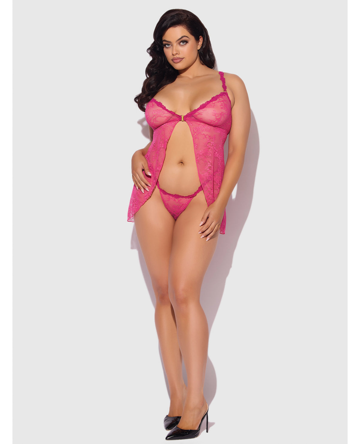 Yvone Lace Babydoll w/Front Closure & G-String 2 pc Set - Pink 1X/2X