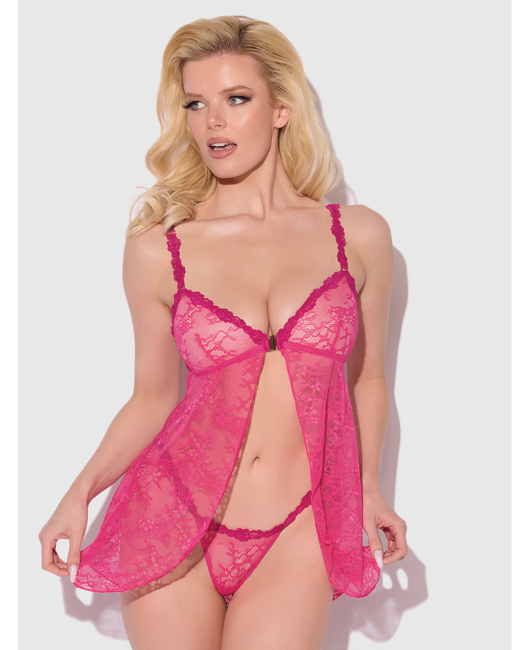 Yvone Lace Babydoll w/Front Closure & G-String 2 pc Set - Pink SM