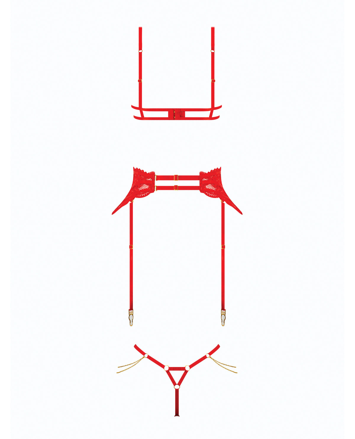 Cecily Lace Cut-Out Bra & Thong w/Garter Straps - Red 1X/2X