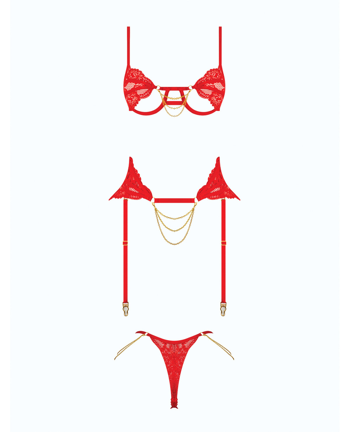 Cecily Lace Cut-Out Bra & Thong w/Garter Straps - Red SM