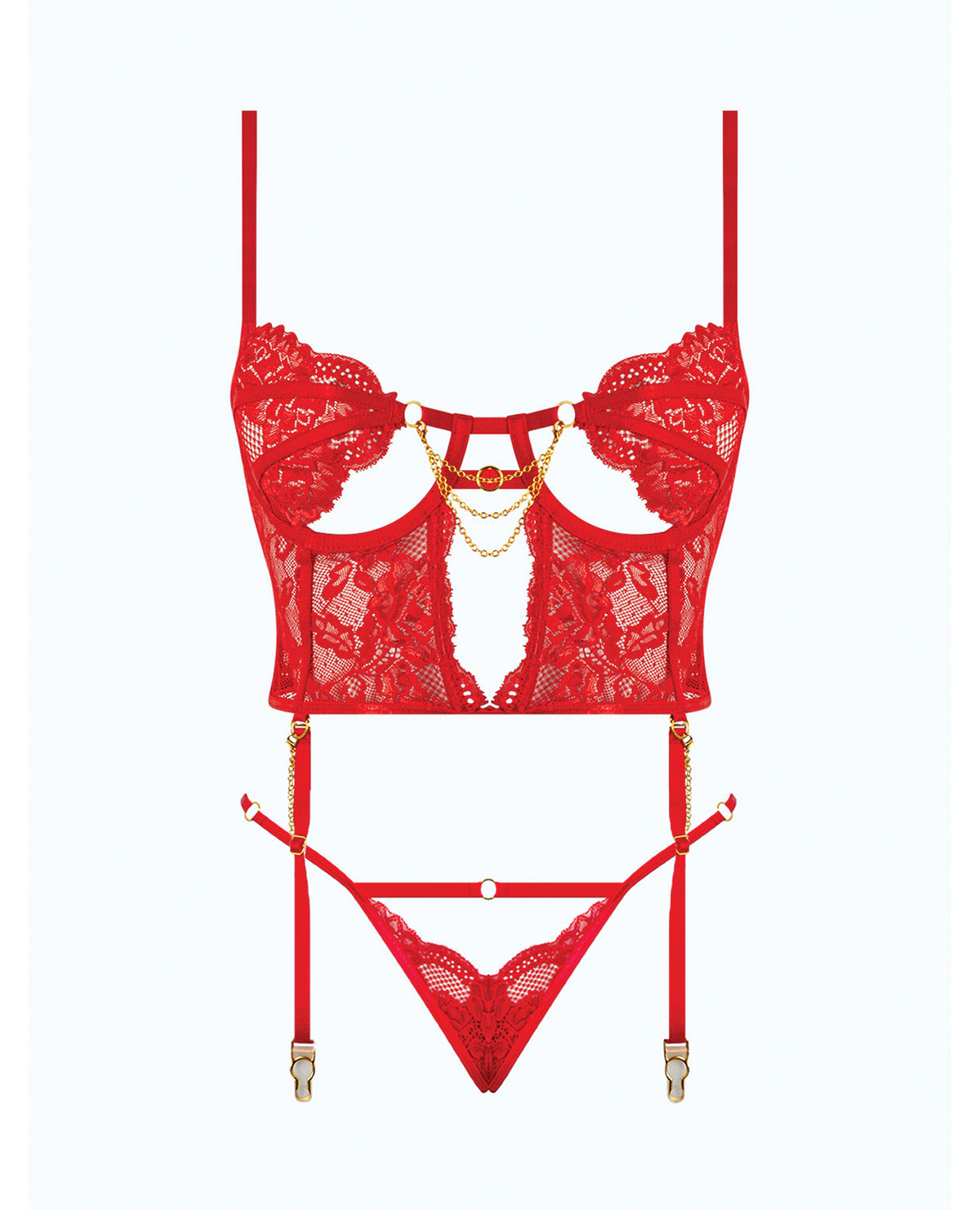 Cecily Lace & Mesh Bustier w/Thong & Garter Straps - Red 1X/2X