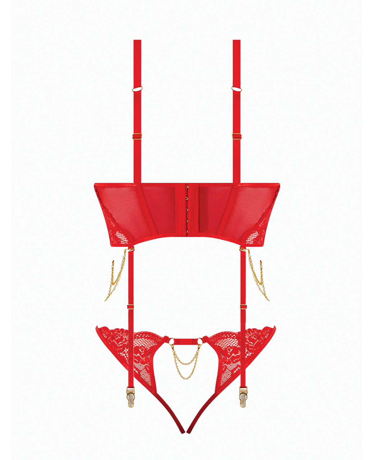 Cecily Lace & Mesh Bustier w/Thong & Garter Straps - Red 1X/2X