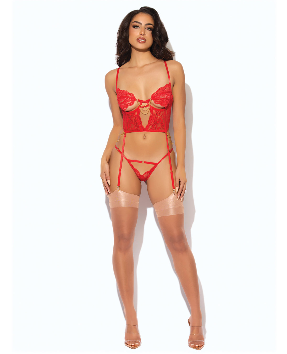 Cecily Lace & Mesh Bustier w/Thong & Garter Straps - Red SM