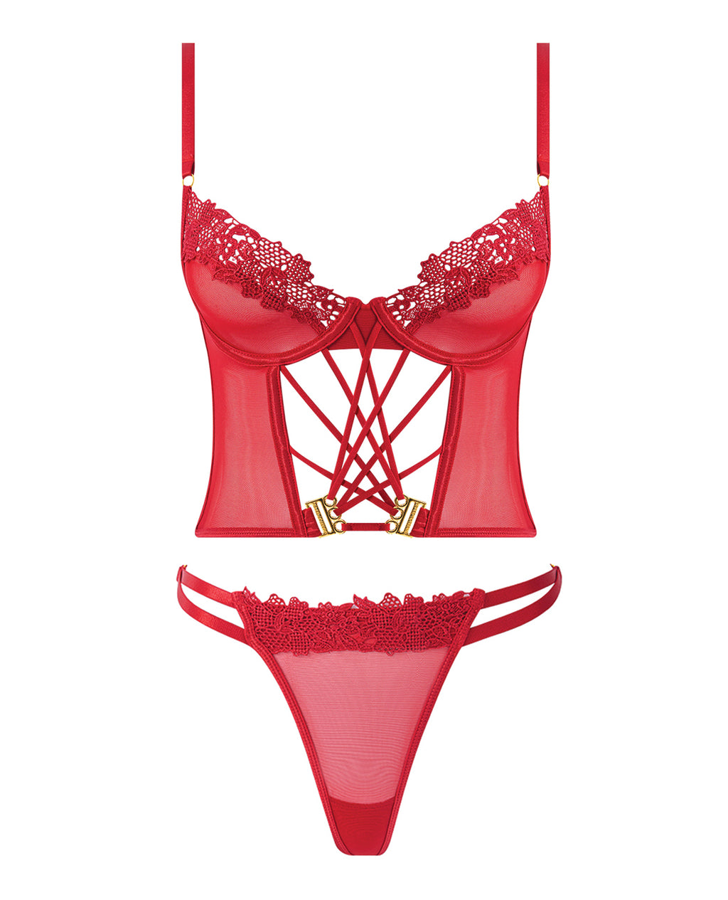 Ashley Alexiss Bustier w/Front Lace Up Ribbon Details & Matching High Cut Thong - Red 1X/2X