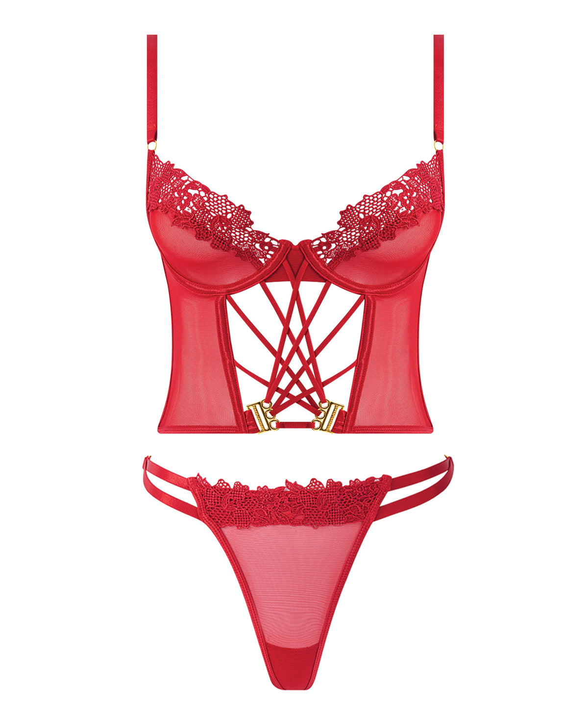 Ashley Alexiss Bustier w/Front Lace Up Ribbon Details & Matching High Cut Thong - Red 1X/2X