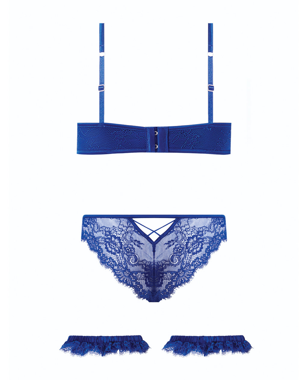 Madeline Lace & Mesh Bra, Garters, & Panty - Cobalt Blue MD