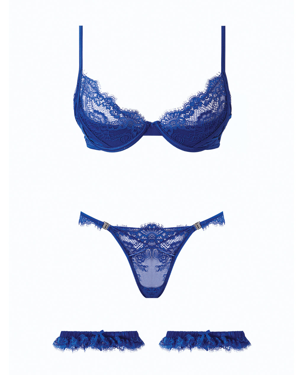 Madeline Lace & Mesh Bra, Garters, & Panty - Cobalt Blue SM