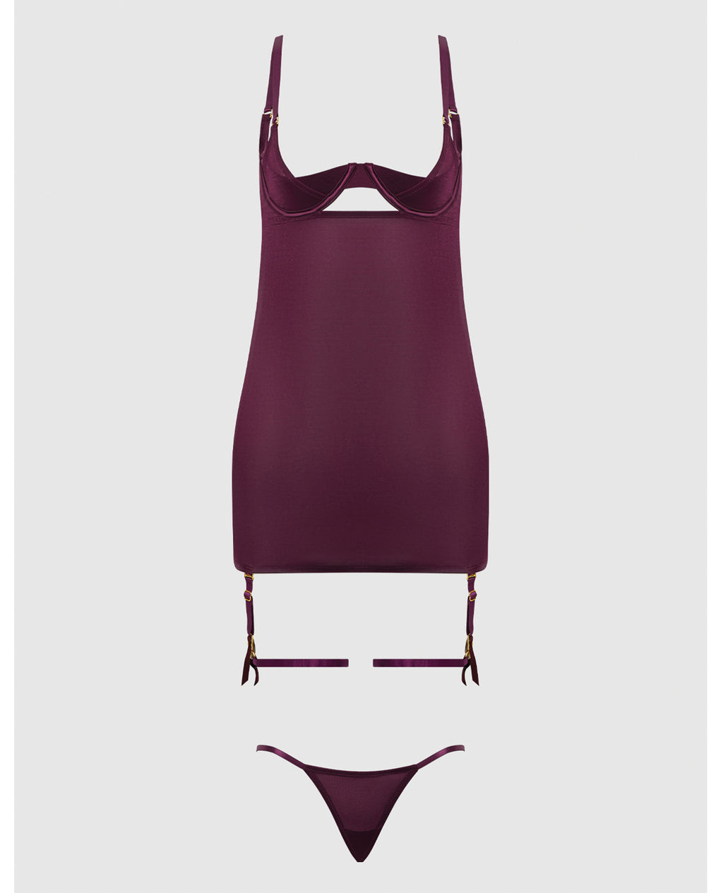Yasmine Shimmer Mesh O-Ring Thigh Garter Chemise & G-String Set - Burgundy 1X/2X