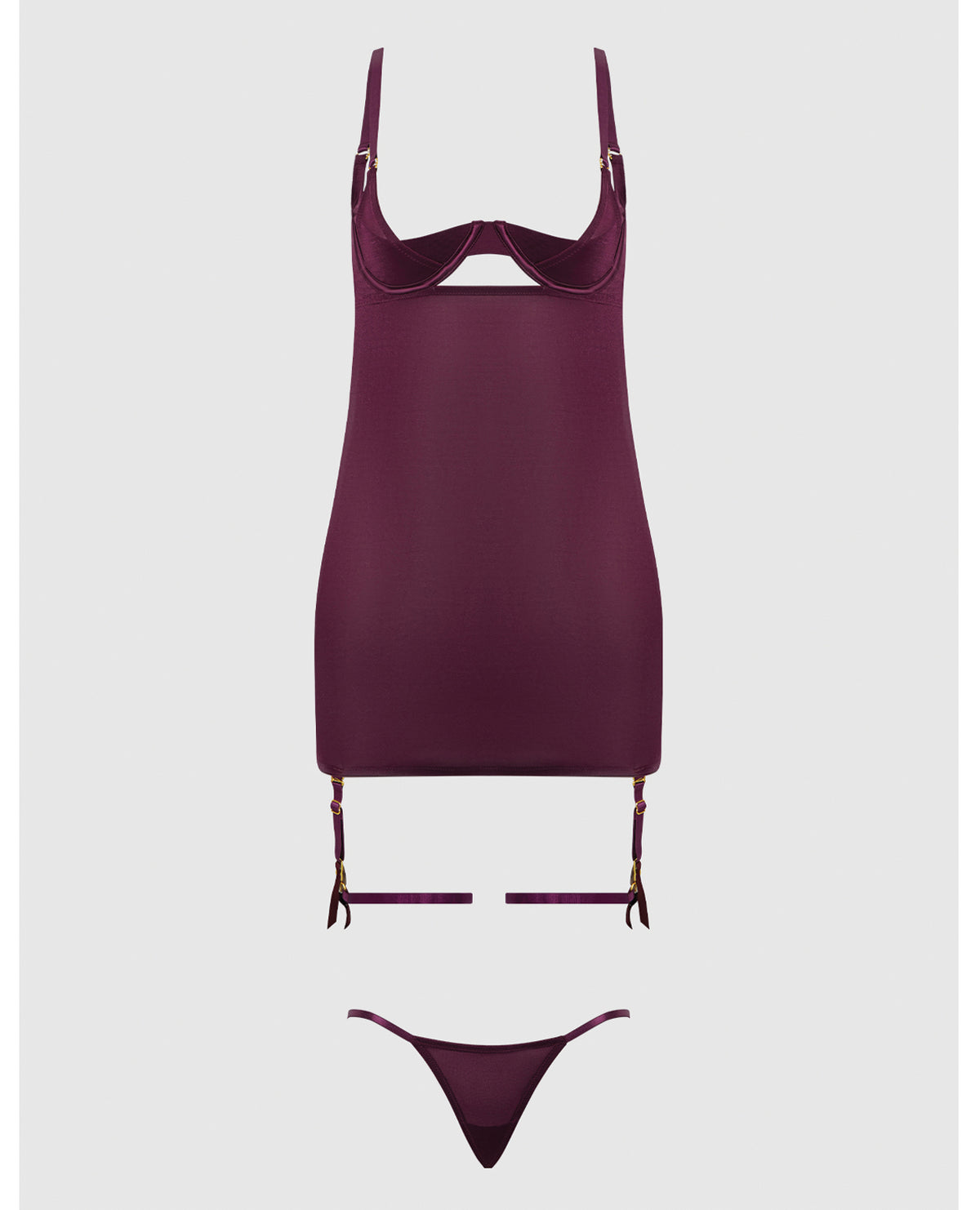Yasmine Shimmer Mesh O-Ring Thigh Garter Chemise & G-String Set - Burgundy 1X/2X
