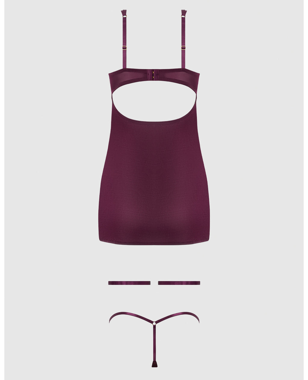 Yasmine Shimmer Mesh O-Ring Thigh Garter Chemise & G-String Set - Burgundy 1X/2X