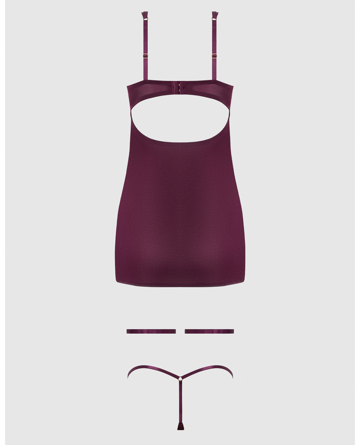 Yasmine Shimmer Mesh O-Ring Thigh Garter Chemise & G-String Set - Burgundy 1X/2X