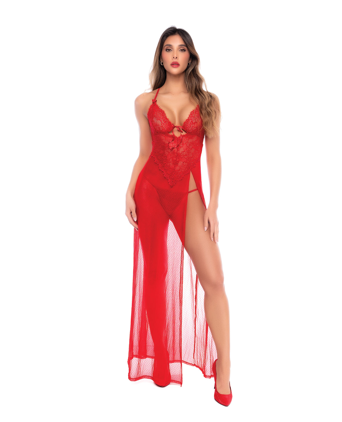 Dotted Lace & Mesh Maxi Dress w/High Side Slit & Thong - Red S/M