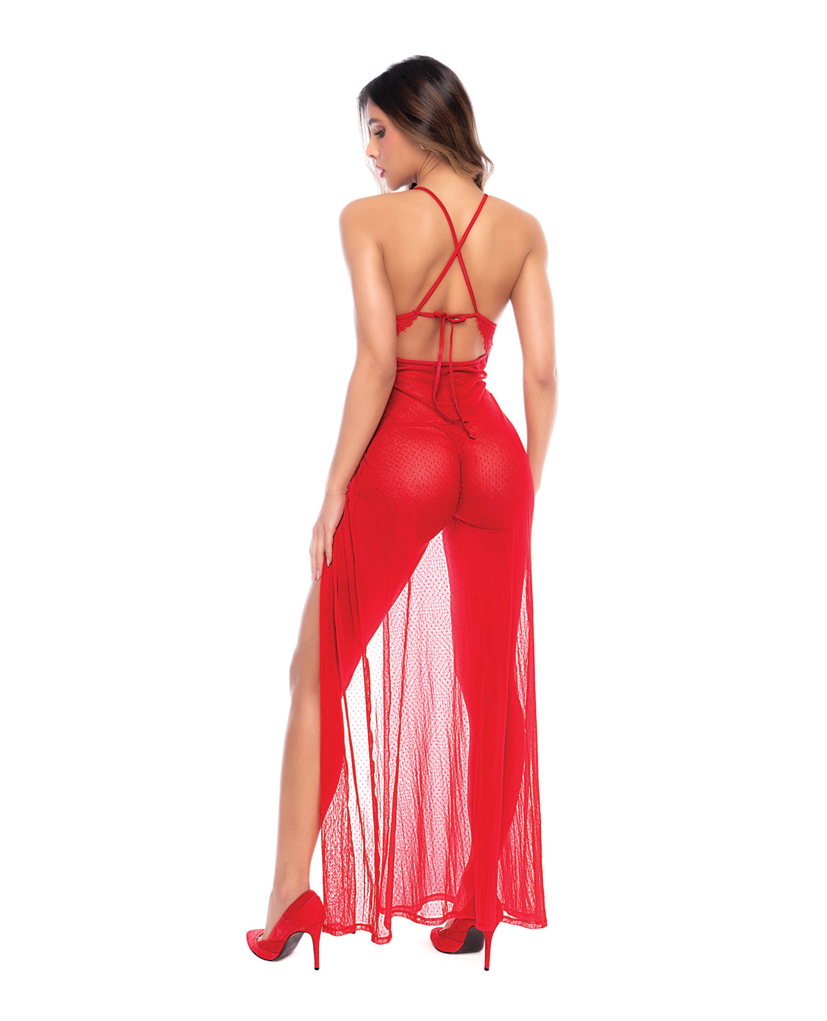 Dotted Lace & Mesh Maxi Dress w/High Side Slit & Thong - Red S/M