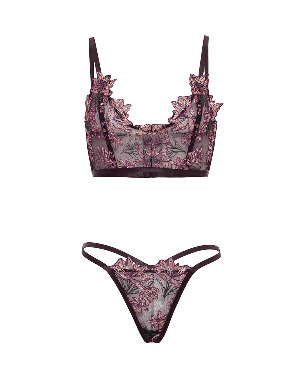 Adela Embroidered Boned Bustier w/G-String 2 pc Set - Black/Pink LG