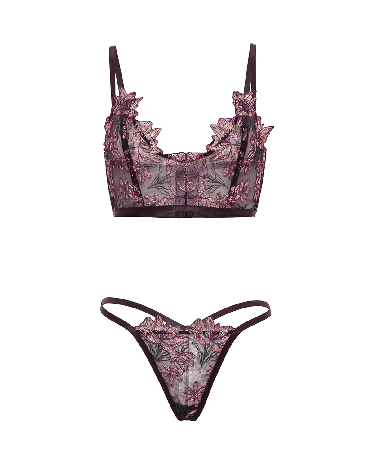 Adela Embroidered Boned Bustier w/G-String 2 pc Set - Black/Pink LG