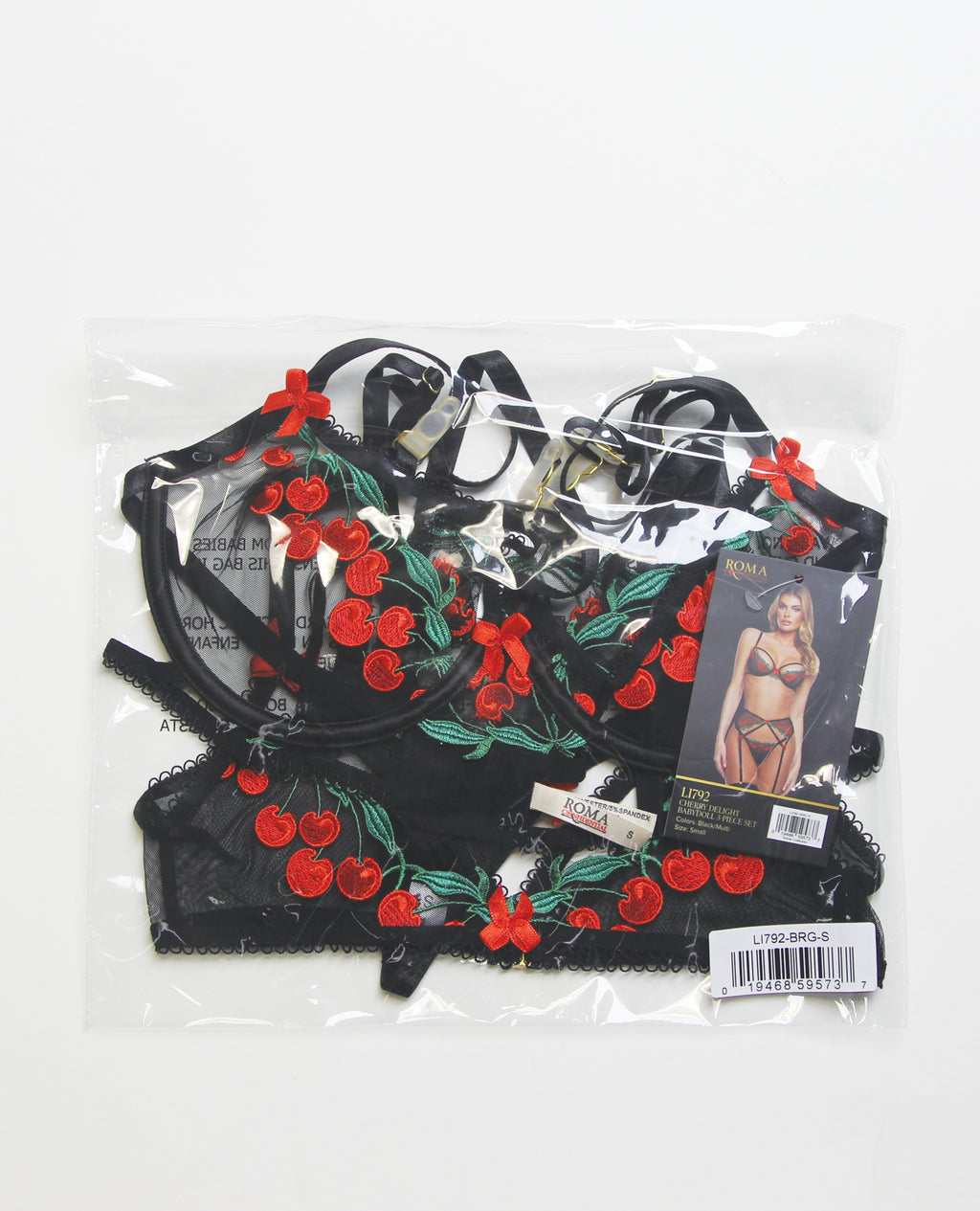 Cherry Delight Embroidered Lace and Mesh Underwire Bra w/Garter & G-String 3 pc Set - Black XL