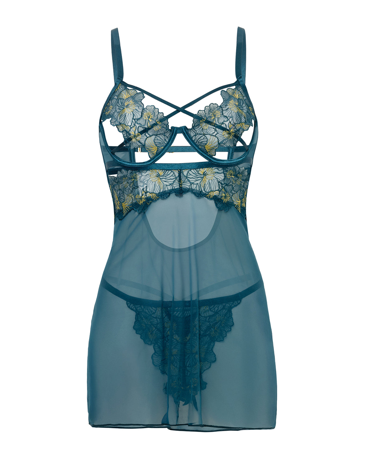 Daphne Lace & Mesh Babydoll w/Embroidered Details & Crossing Elastics - Blue SM