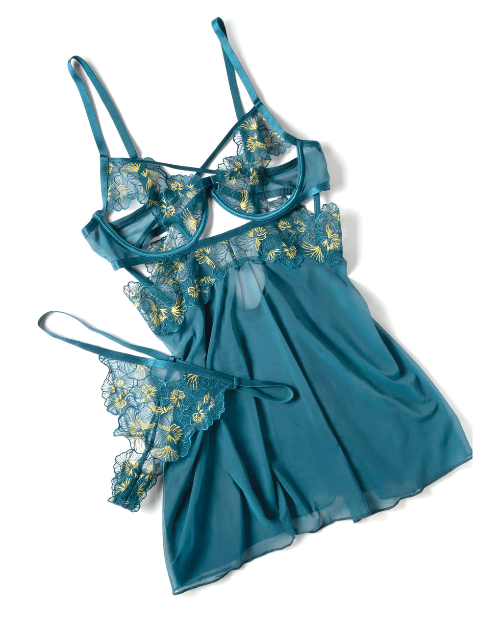 Daphne Lace & Mesh Babydoll w/Embroidered Details & Crossing Elastics - Blue SM
