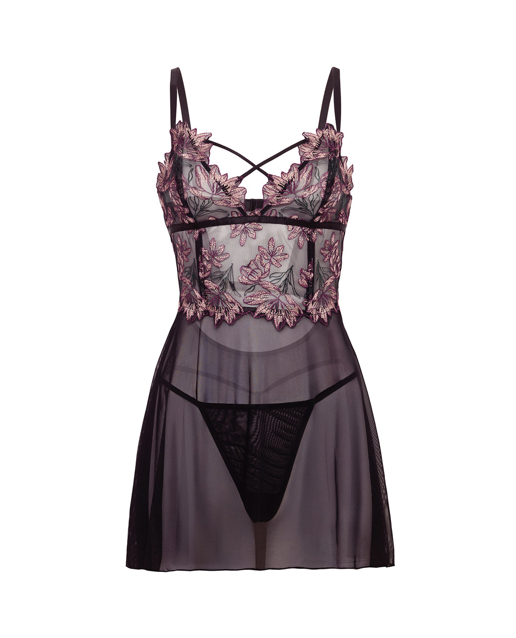 Adela Embroidered Boned Lace and Mesh Babydoll w/G-String 2 pc Set - Black/Pink SM