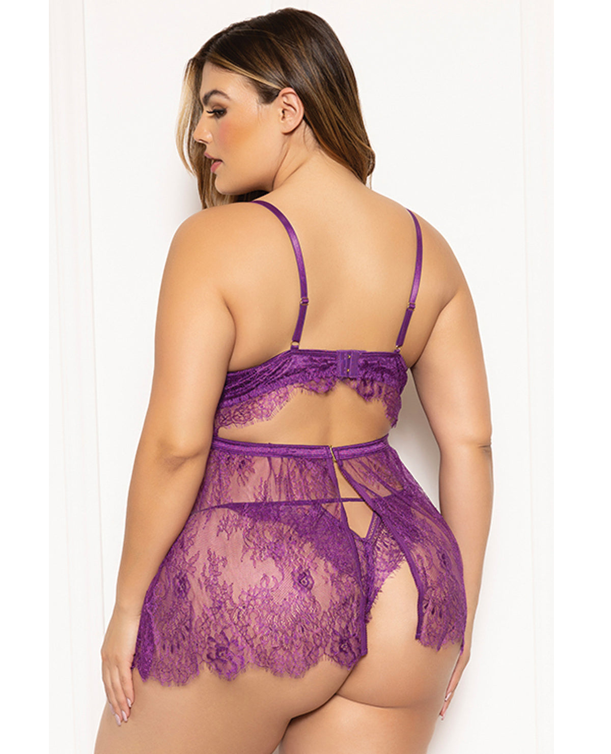 Floral Eyelash Lace Underwire Babydoll w/Thong 2 pc Set - Purple 1X/2X