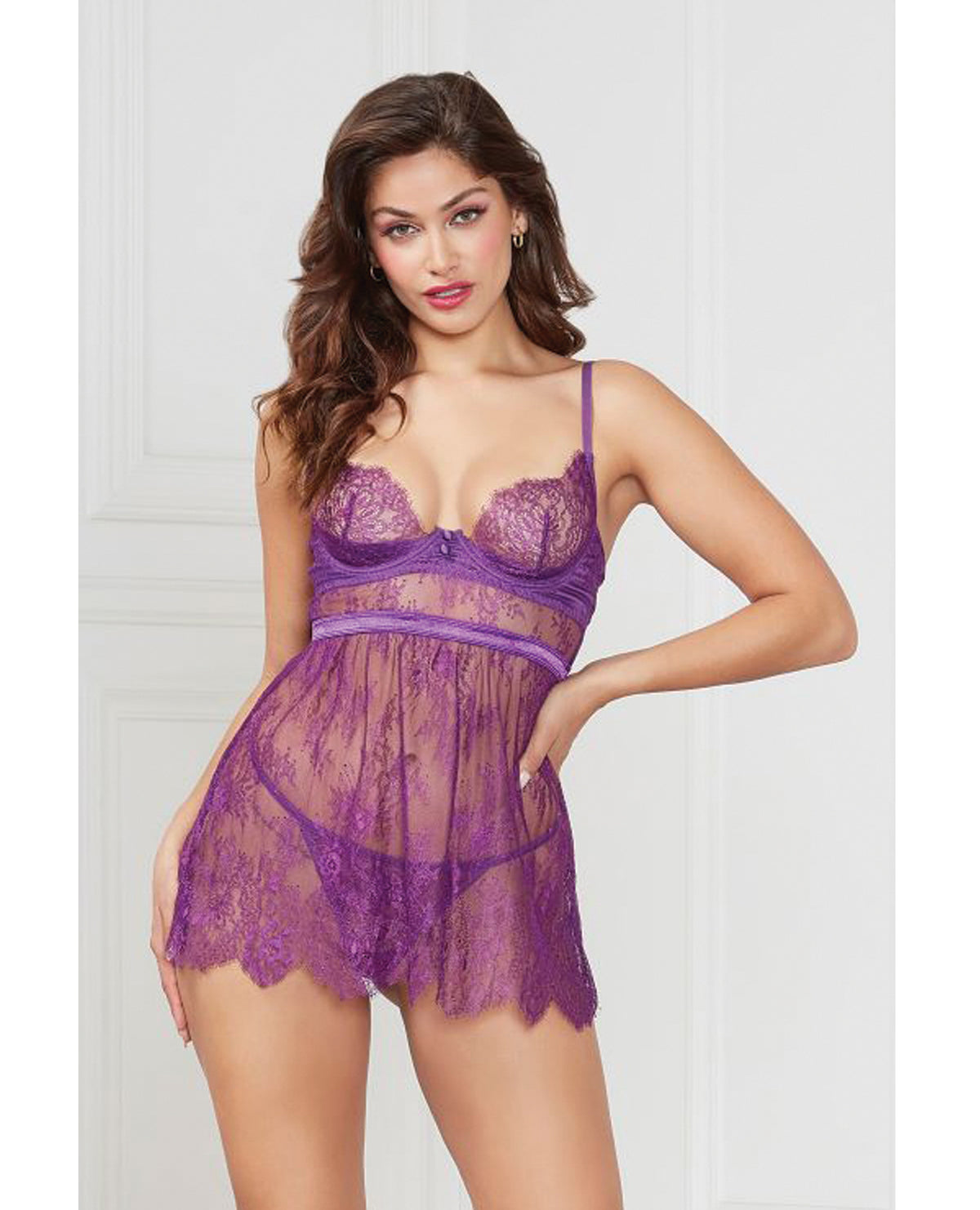 Floral Eyelash Lace Underwire Babydoll w/Thong 2 pc Set - Purple SM