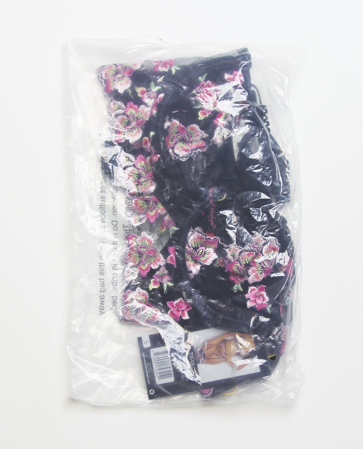 Floral Lace and Mesh Long Line Underwire Bra w/Garter & G-String - Black/Pink 1X/2X