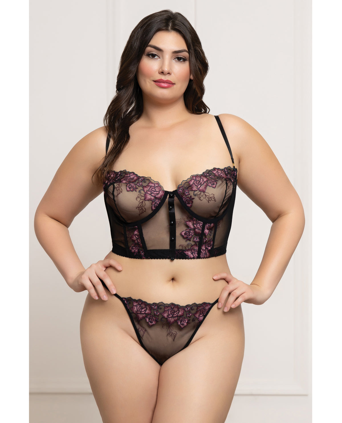 Floral Lace and Mesh Underwire Bustier w/Thong 2 pc Set - Black/Purple 3X/4X
