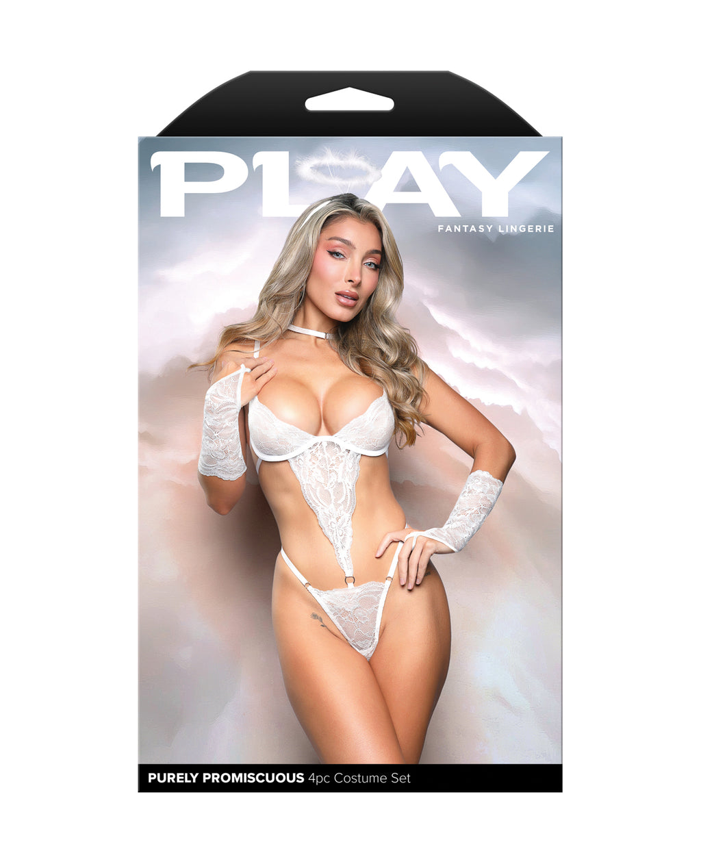 Purely Promiscuous Shimmer Lace Open Side Teddy w/Halo, Armbands, & Lace Wings - White S/M