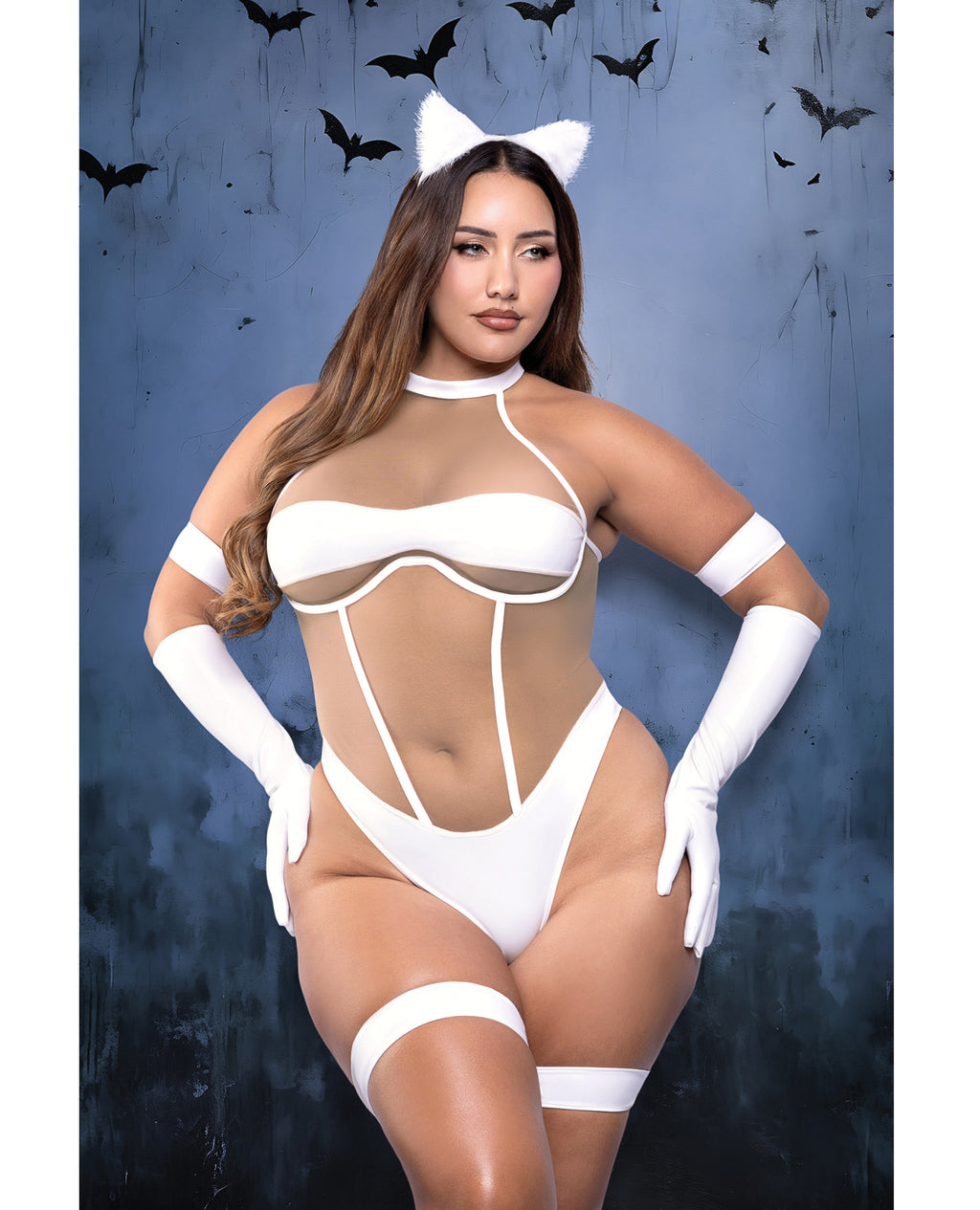 Midnight Purr Sheer Nude Mesh Teddy w/Glove, Armbands, Garters, & Cat Ears - White 1X/2X