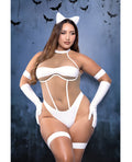 Midnight Purr Sheer Nude Mesh Teddy w/Glove, Armbands, Garters, & Cat Ears - White 1X/2X
