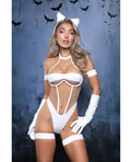 Midnight Purr Sheer Nude Mesh Teddy w/Glove, Armbands, Garters, & Cat Ears - White S/M