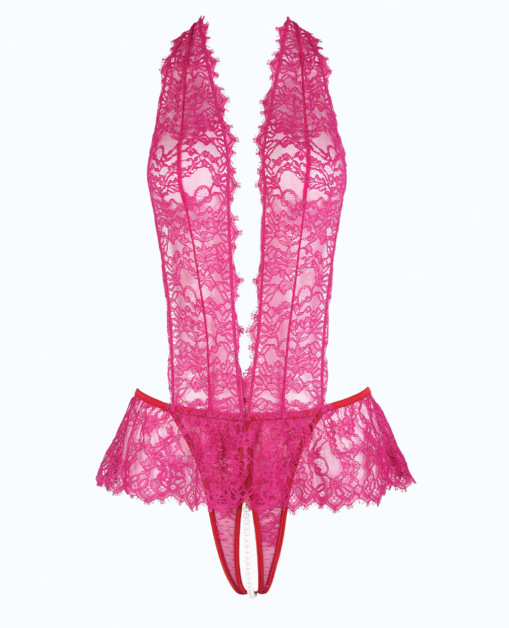 Jocelyn Lace Halter Teddy w/Open Crotch - Raspberry SM