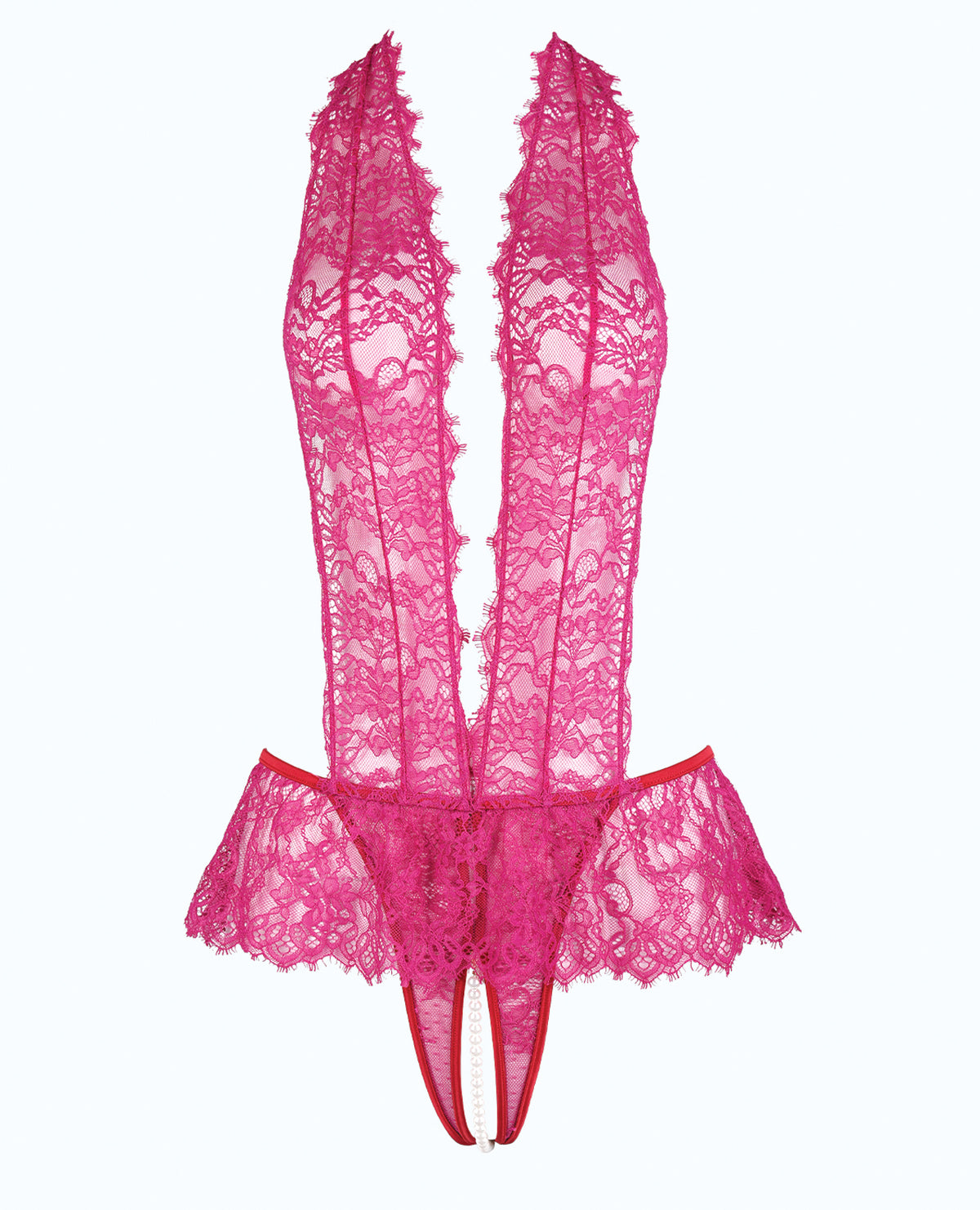 Jocelyn Lace Halter Teddy w/Open Crotch - Raspberry SM